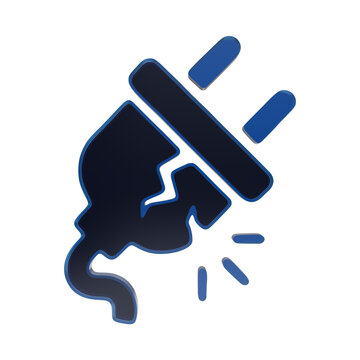 Blue 3D glass electrical plug icon with a broken cord and sparks, symbolizing power failure or outage isolated on a transparent background