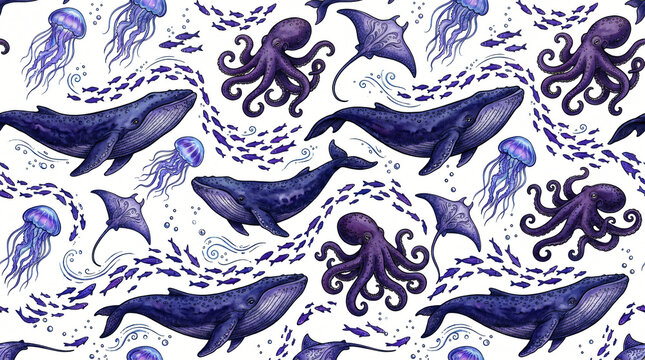 Seamless pattern of hand drawn colored deep sea creatures with giant blue whales swimming octopuses manta rays and glowing jellyfish painted in indigo violet tones on white background