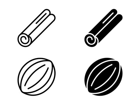Cinnamon quill and whole nutmeg spice icons with cinnamon
