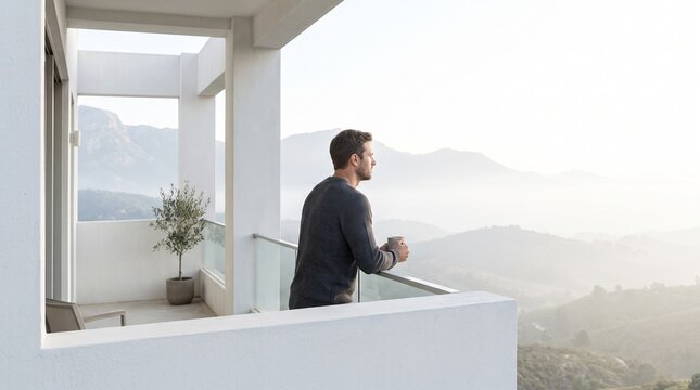 A man standing on a quiet balcony looking toward distant mountains in the early morning light