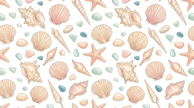 Seamless pattern of hand drawn colorful ocean seashells with spiral conch shells ribbed scallop shells and sea glass pebbles painted in sandy beige pastel pink on white background