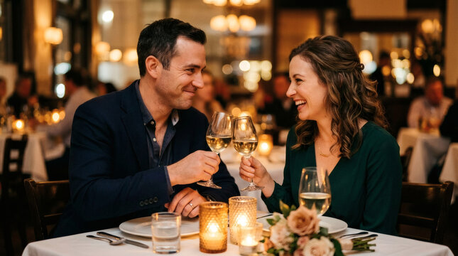 A happy couple toasts with wine glasses at a candlelit dinner in a dimly lit restaurant, enjoying a romantic evening.