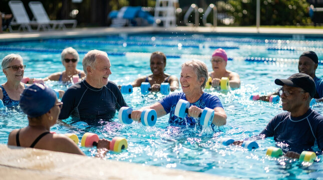 A group of smiling seniors enjoys a water aerobics class in a swimming pool, using colorful dumbbells for resistance and exercise with lively instructors.
