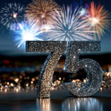 Sparkling glittery number seventy-five with vibrant fireworks bursting in the night sky celebrating a special anniversary or milestone event