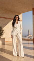 Elegant woman in a white linen suit standing on a balcony © tonpreecha