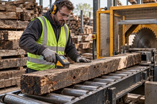 Worker scanning reclaimed timber before saw cutting