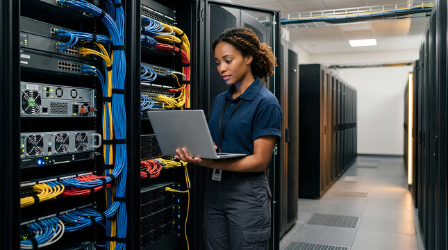 female IT professional managing network servers and data cabling in a data center full of server racks and networking equipment