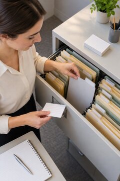 Office worker organizing labeled folders in a filing cabinet