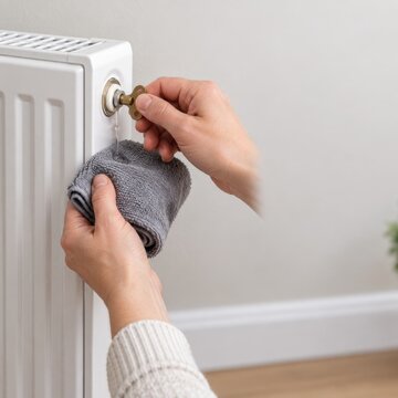 Hands bleeding a radiator with a key and cloth