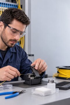 Technician joining optical fibers with a fusion splicer