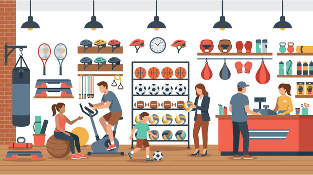 Sport store interior flat design with fitness equipment balls gym accessories for sales.