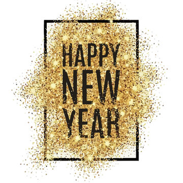 Happy new year greeting card design with gold glitter texture and