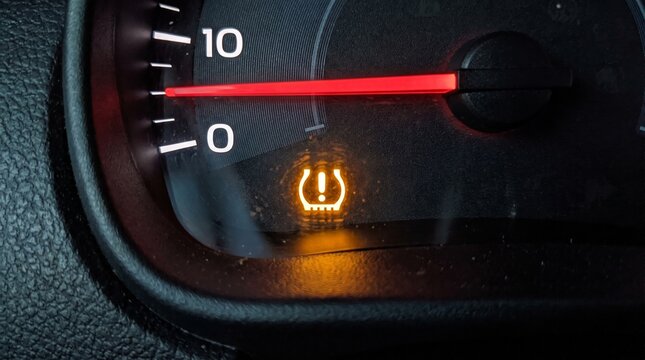 Close up shot of low tire pressure warning light dashboard indicator icon illuminated on a modern car control panel