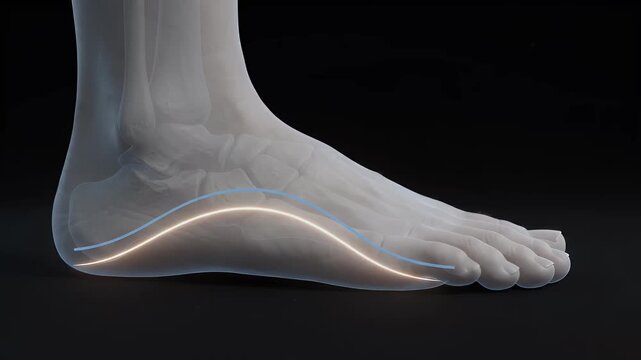 Medical rendering of a human foot highlighting the arch with a comparison of normal vs flat foot alignment, skeletal anatomy visible underneath