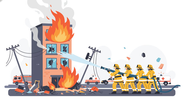 Team of brave firefighters spraying water from a high-pressure hose to extinguish a burning building fire.