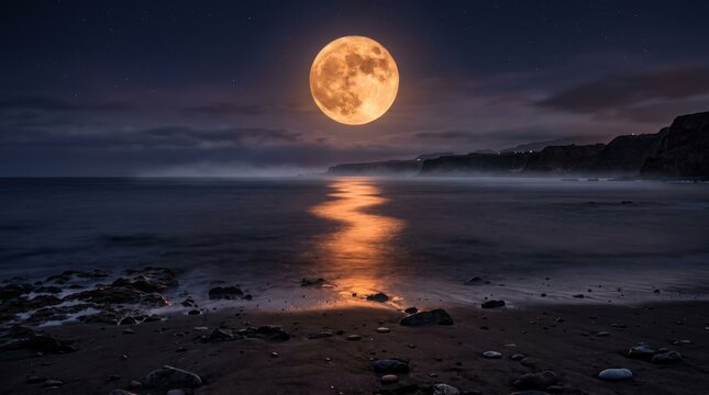 Full moon shining over the ocean with reflection on water.