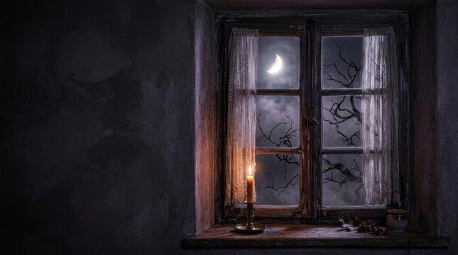 Mysterious old window at night with a lit candle and moon visible outside.