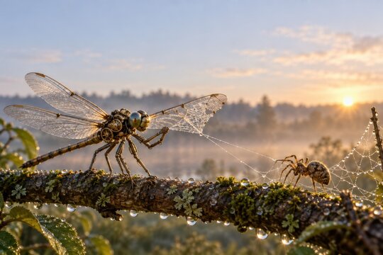 Mechanical dragonfly facing a spider on a dewy branch