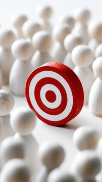 Red and white target symbol surrounded by a crowd of wooden peg figures representing focus, goal setting, and group dynamics in decision making