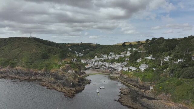 Polperro Harbour and Village from a drone, Polperro, Looe, Cornwall, England, United Kingdom