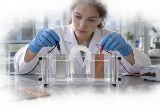Scientist testing metal electrodes in a laboratory cell