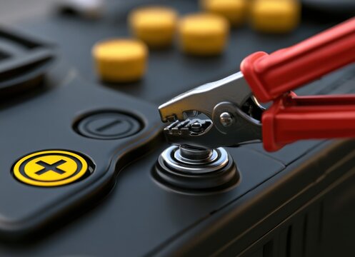 Close-up of red jumper cable clamp connecting to the positive terminal of a car battery for vehicle power maintenance and charging tasks