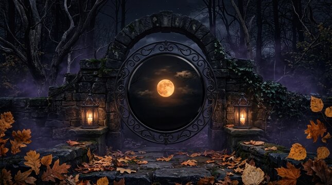Mysterious portal in dark forest with full moon and lanterns.