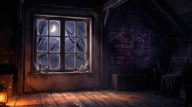 Creepy attic window at night with moon and bare trees visible outside.