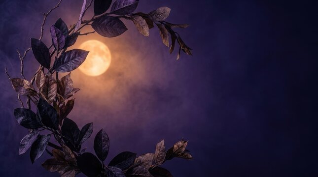 Mystical Full Moon Shining Through Dark Foliage Against a Purple Hazy Sky.