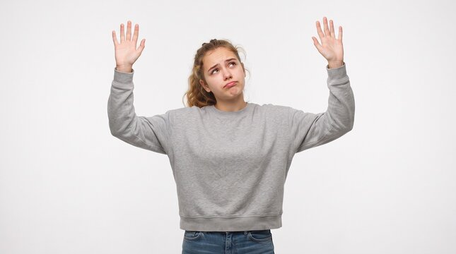 Young woman with hands raised looking up with a frustrated expression