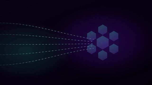 Futuristic hexagon network animation, abstract data flow visualization, glowing purple geometric nodes, digital technology background motion graphics 4k