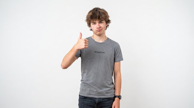 Teenager with skeptical expression gives a thumbs up gesture on white background