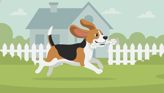Cute beagle dog races across a green lawn holding a chew toy with a suburban house in the background.