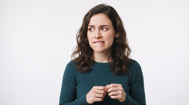 Young Woman Looking Anxious and Biting Her Lip with Hands Clasped
