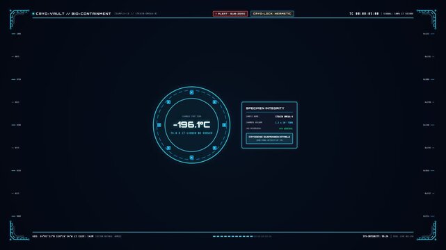 Futuristic Cryo-Vault Monitoring Interface Displaying Sub-Zero Bio-Containment System Data