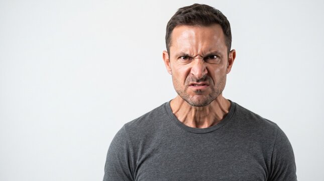 Man with angry facial expression showing teeth and furrowed brow