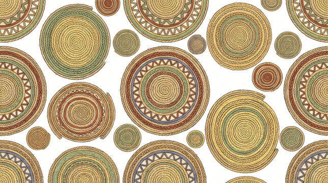 Seamless pattern of hand drawn colorful Indian jute braided rugs with circular spiral weaves braided rope textures and concentric rings painted in straw yellow sage green on white background