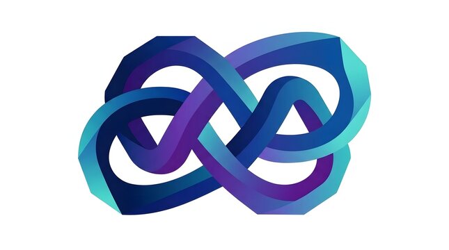 Elegant 3D geometric abstract infinity loop with vibrant teal and purple gradient ribbons forming a complex interconnected knot