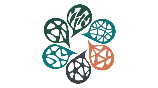 Abstract Circular Logo Design Featuring Interconnected Organic Leaf Shapes and Network Patterns in Various Colors