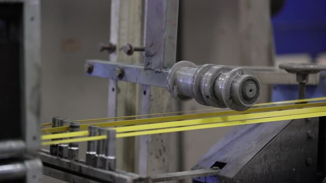 Yellow PET straps on a cooling roller system in a manufacturing line.