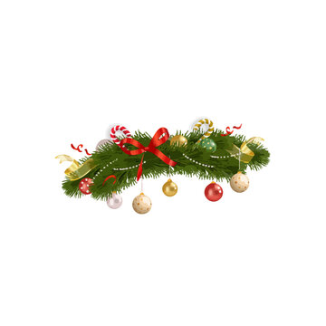 Festive christmas garland with red bow and hanging ornaments for