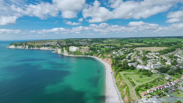 Seaton Beach and White Cliff from a drone, Jurassic Coast, Seaton, Devon, England, United Kingdom