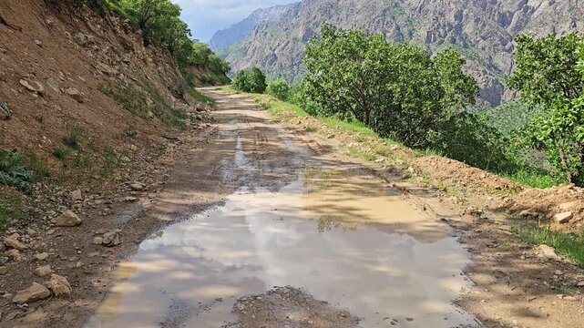 A dirt road with a mud puddle winds along a tree-covered hillside, with a rocky mountain across the valley, under white clouds and blue sky.
📍 Hawraman, Sarvabad, Kurdistan 