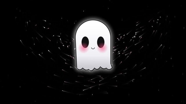 Cute kawaii ghost character floating isolated on black background, minimalist vector style illustration