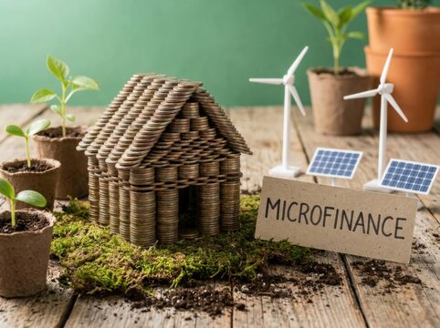 Microfinance community green project with a coin house and miniature solar panels