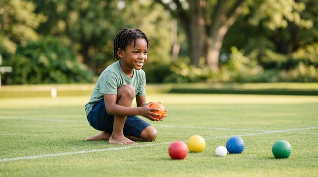 Young African American boy playing bocce ball on a sunny day in a park with lush green trees in the background