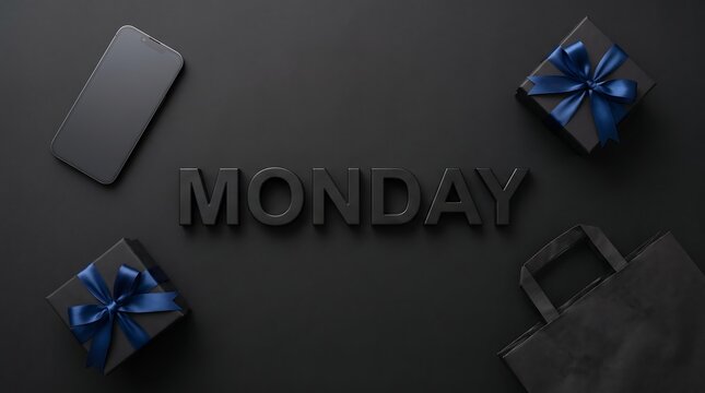 Monday lettering layout composition with luxury black gift boxes and smartphone on dark surface