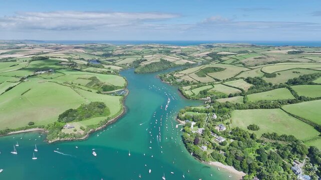 Salcombe and Mill Bay over Kingsbridge Estuary from a drone, Batson Creek, Southpool Creek, Devon, England, United Kingdom