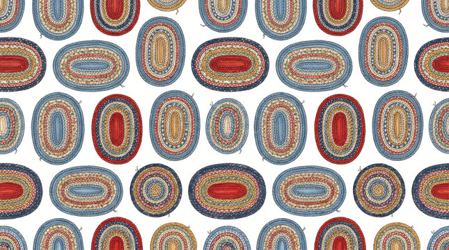 Seamless pattern of hand drawn colored American country braided rag rugs with oval concentric rings of braided fabric strips and patchwork textures painted in dusty blue red on white