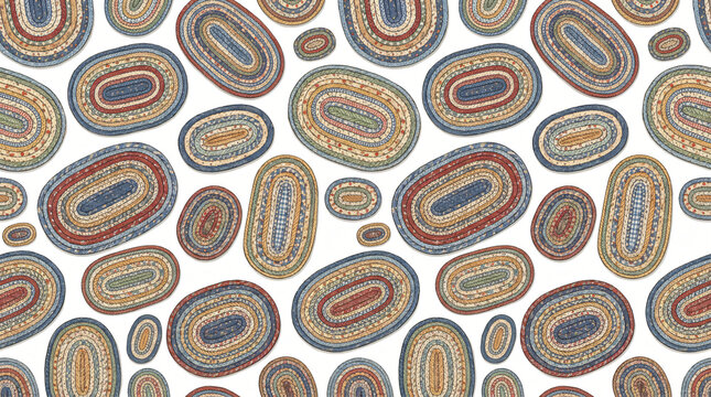Seamless pattern of hand drawn colored American country braided rag rugs with oval concentric rings of braided fabric strips and patchwork textures painted in dusty blue red on white